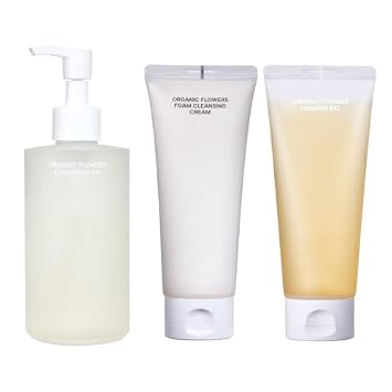 Whamisa Deep Purifying Cleanse Trio Organic Flowers Cleansing Oil, Foam Cleansing Cream, and Foaming Gel Bundle