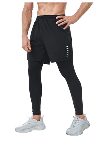 OYOANGLE Men's 2 in 1 Sports Pants Compression Athletic Workout Sweatpants Shorts Leggings with Pocket Black Large