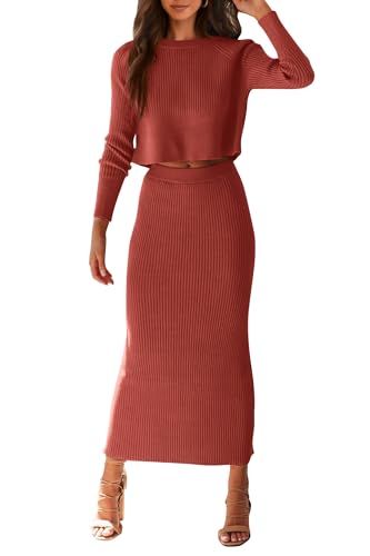PRETTYGARDEN Women's Spring Fall 2 Piece Sweater Set Rib Knit Long Sleeve Crop Top Maxi Bodycon Skirt Casual Winter Outfits (Brick Red,Small)