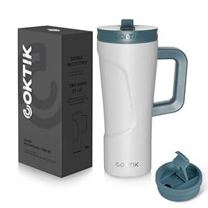 COKTIK 20 oz Insulated Tumbler with Handle and Two Lids(Flip/Straw), Double Wall Stainless Steel Vacuum Insulated Tumbler, Cupholder Friendly,Travel Coffee Mug BPA Free Reusable Cup,Haze blue contrast