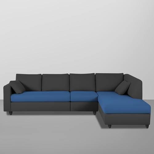 Image of Florian RHS 6 Seater L Shape Sofa Set for Living Room (Blue Black Fabric) Premium Fabric Sofa