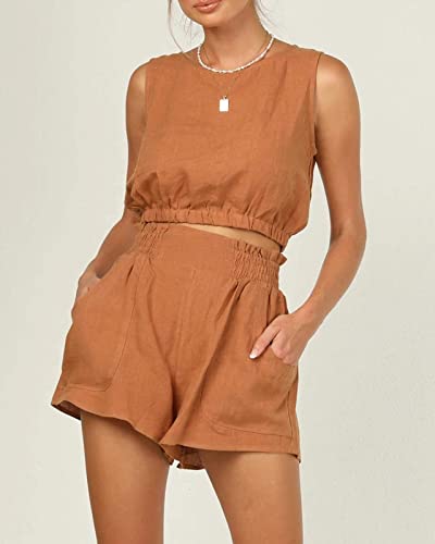 Eurivicy Women's 2pcs Summer Outfits Sleeveless Crop Tank Top and High Waist Pocketed Shorts Loose 2 Piece Short Sets3