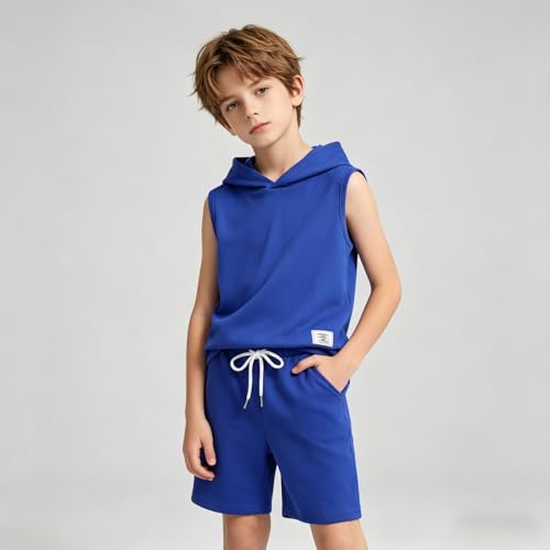 Image of Size 6-12 Years Boys Summer Clothes Hooded Sleeveless Tank Tops Workout Shorts 2 Piece Set Fashion Outfits