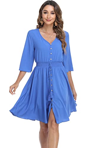 Image of VintageClothing Women's Floral Sundresses Flowy Boho Summer Beach Dress | Lightweight Breathable material,Elegant V Neck and Button Front Design,Flared Bell Sleeve Cut,Mini Casual dress
