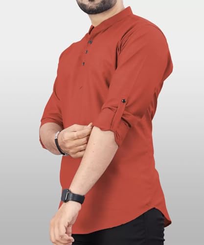Image of DEEMOON Men's Regular Fit Solid Sprad Collar Casual Shirt with a Trendy Mandarin Collar Crafted from a Premium Cotton Blend