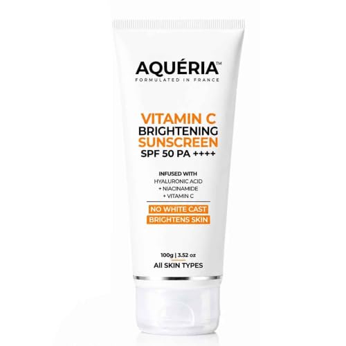 Image of Aqueria 3-in-1 Bright Detan Sunscreen SPF 50 PA++++ | In-Vivo /In-Vitro Tested | 5% Niacinamide, 5% Hyaluronic & Vitamin C | Modern UV Filters | Broad Spectrum UVA /UVB & Blue Light Protection | Lightweight, No White Cast, Sweat Resistant | Suitable for Daily Use | For Normal, Dry & Sensitive Skin | 100g
