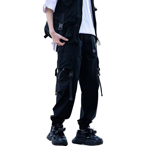 Men's American Paratrooper Functional Multi Pocket Cargo Pants Black Tapered Jogger Pants Mens Techwear Trousers