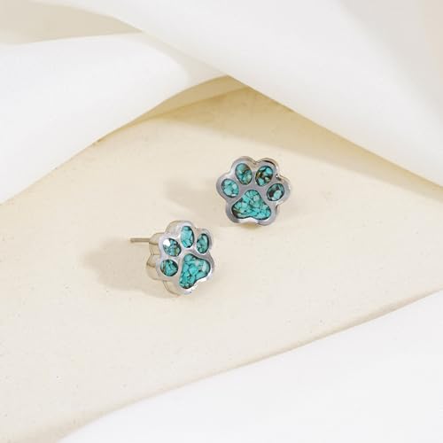 Lauren-Spencer Turquoise Dog Paw Earrings for Women Cute Small Paw Print Stud Earrings Stainless Steel Turquoise Gemstone Dog Jewelry for Women Girls Cat Dog Mom Earrings Animal Jewelry2