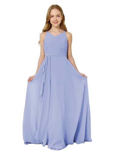 Girl's Flowing Chiffon Flower Girls Dresses Ruched Spaghetti Strap V-Neck Junior Girl Wedding Bridesmaid Dress