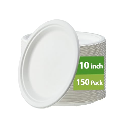 Jaluxing [150-Pack 10 Inch Paper Plates Heavy Duty Disposable Party Plates Sugarcane Bagasse White Unbleached 10 Dinner Paper Plate