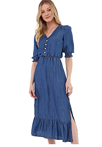 Vestido Longo Jeans SOB Com Mangas e Decote V