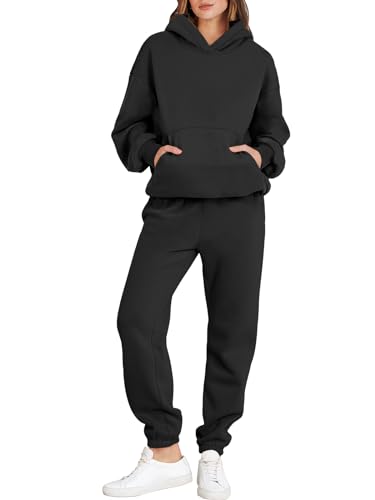 ANRABESS Womens 2 Piece Outfits Lounge Hoodie Oversized Sweatshirt Jogger Sweatpants Y2K Tracksuit Sweatsuit Set Fall Clothes Black Small