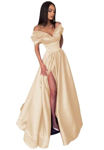 Image of Pleated Off The Shoulder Satin Prom Dresses for Women, Formal Evening Gowns Cocktail Party Dresses with Slit&Pockets