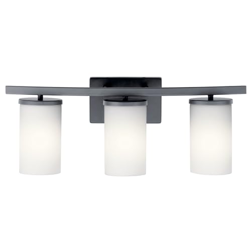 Image of Kichler Crosby 45497BK 3-Light Bathroom Vanity Light Fixture with Satin Etched Cased Opal Glass in Black for Modern and Traditional Decor Over Mirror (23 inch x 8.75 inch x 7 inch)