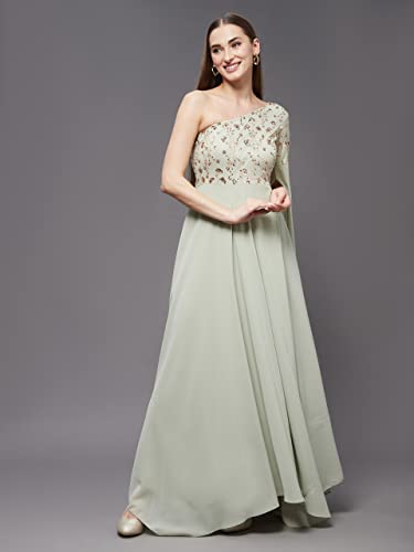 Image of Miss Chase Women's Dusty Green and Golden Solid Embellished Asymmetric Maxi Dress