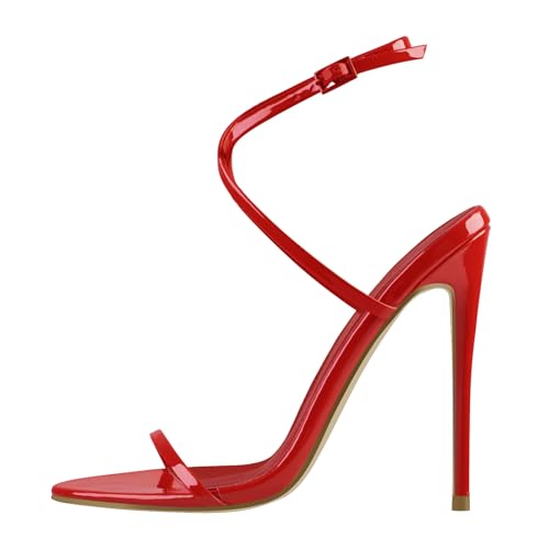 Image of Strappy High Stiletto Heels, Ankle Strap Buckle Heeled Womens Sandals, Sexy Comfort Open Round Toe Heels for Daily Party Dress