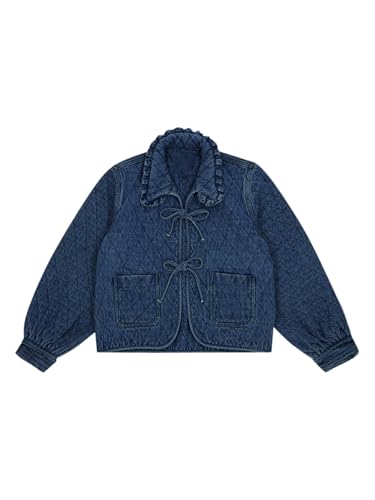 Image of Tankaneo Womens Quilted Denim Puffer Jackets Tie Front Bow Cropped Puffy Jackets Fall Cute Short Jeans Coat
