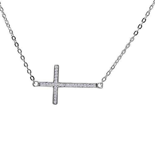 Oxford Diamond Co Sideways Cubic Zirconia Cross .925 Sterling Silver Pendant Necklace 16
