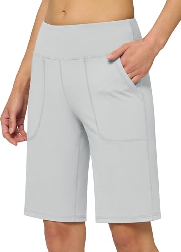 WILIIT Shorts Damen Sommer Sporthose Bermuda Baumwolle Yoga Shorts High Waist Kurze Hose Laufshorts Traininghose Fitness Running Gym mit Taschen Hellgrau L