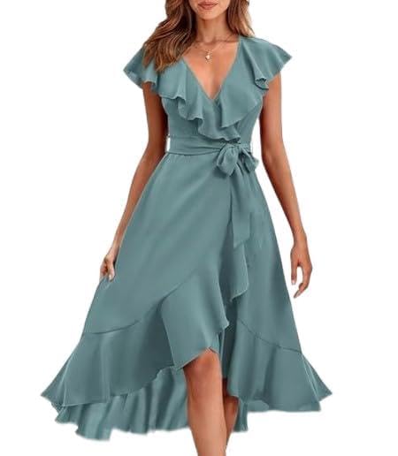 TANMESSOWomen's Summer V Neck Wrap Party Dress Ruffle Short Sleeve Split Midi Dress with Belt 2024 Fashion