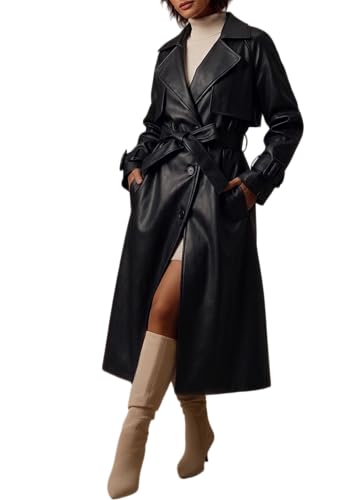 Bellivera Women Trench Coat Long Jacket Faux Leather Classic Lapel Belt Overcoat 2225 Black XXL