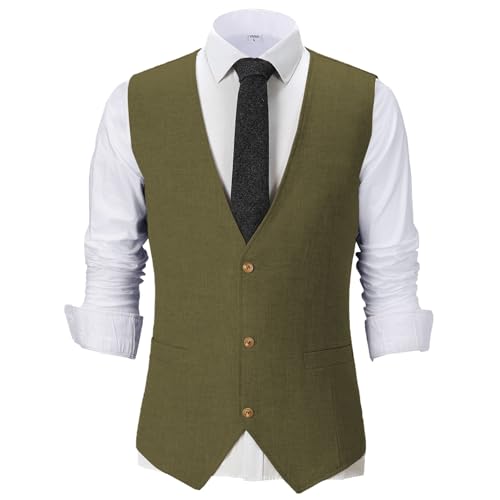 SOLOVEDRESS Men's Summer Leisure Cotton Linen Suit Vest Regular Fit Dress V Neck Waistcoat for Party and Beach