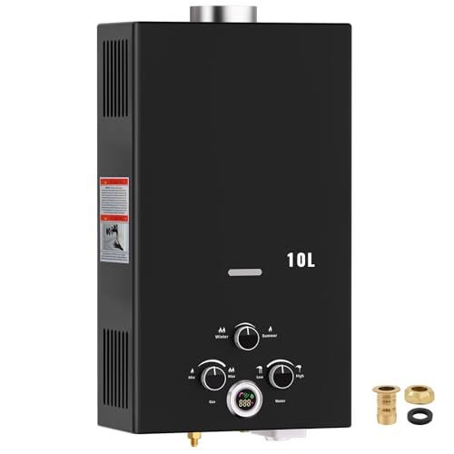 Gas Water Heater 10L Outdoor Instant Water Heater with Digital Display and Multi-Protection for Indoor Shower Kitchenette Laundry Room Courtyards Camping Outdoor Shower