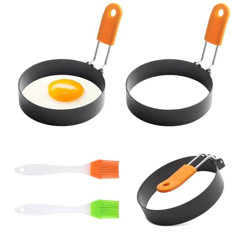 CYIOU 3 Piezas Moldes para Huevos Fritos 9 CM + 2 Pcs Cepillo Molde de Huevo frito de Acero Inoxidable Molde para Tortitas con Mango Plegable para sándwiches de Hamburguesa con Panqueques