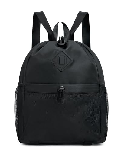 WANDF Drawstring Backpack Sport- und Gym-Tasche mit Yoga-Mattenriemen, wasserabweisende Kordelzug-Tasche mit Mesh-Tasche für Damen und Herren (Schwarz, Patent angemeldet)