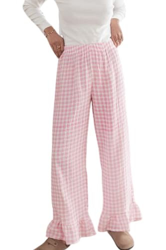 Image of codcm Womens Gingham Pants Wide Leg Lounge Pants Y2k Plaid Print Ruffle Hem Loose Trouser