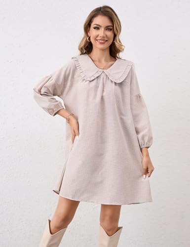 Women Puff Sleeve Babydoll Dress Cute Gingham Short Dresses Peter Pan Collar Checkered Shift Dress Plaid Mini Dress2