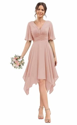 YOFF Women’s Fultter Sleeves Bridesmaid Dresses Short V-Neck A-line Pleated Chiffon Formal Party Dresses YO1124
