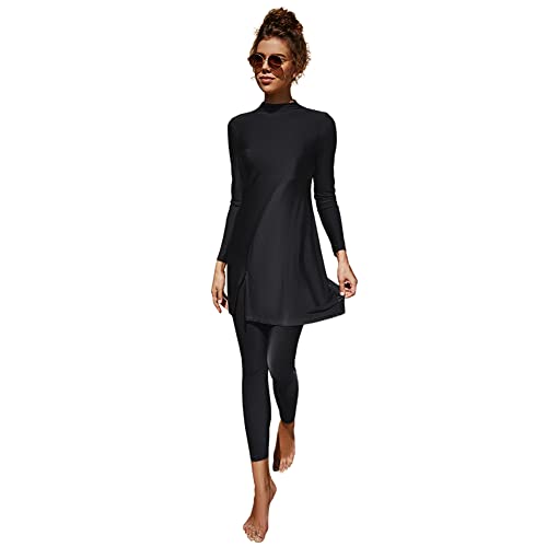 Modest Swimwear for Women Burkini Swimwear for Ladies Muslim Islamic Swimming Costume Full Body Swimsuit Long Sleeve Top Skirt and Pants Set Two Pieces Full Coverage Bathing Suit Black & Split XL