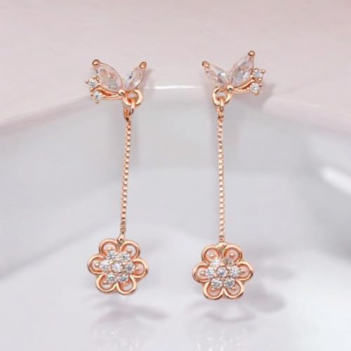 Image of Nilus Collection Rose Gold Plated Heart Design Dangling Earrings with American Diamond Stones For Women And Girls | Gift For Her | Rose gold wedding gift |Romantic gift for women