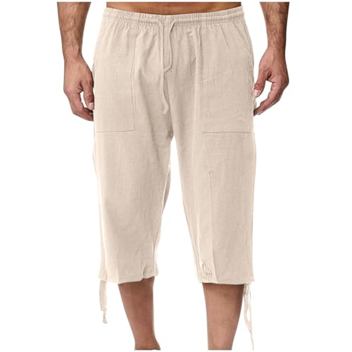 Xiaojmake Men's Long Linen Shorts Linen Capri Pants Casual Summer Drawstring Beach Shorts Below Knee Length Gym Yoga Pants