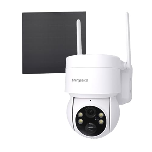 energeeks Atlas - Cámara Vigilancia Exterior WiFi - IP66-4 MP - Detección Movimiento/Sonido - Batería Recargable -Panel Solar 5W Incluido - Luces LED y Sirena