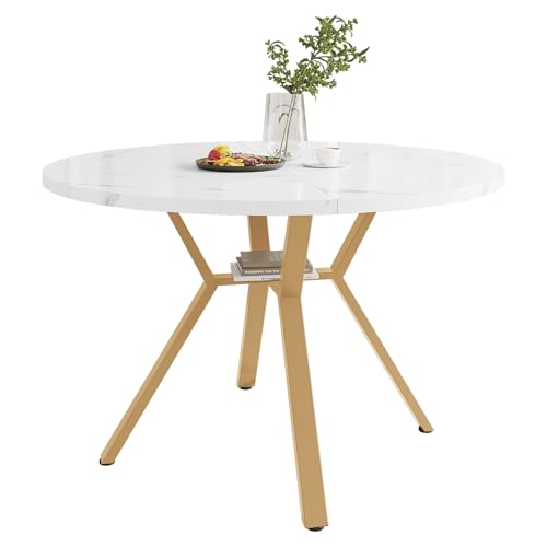Tavolo da Pranzo Moderno in Marmo Bianco 100cm con Base a X in Metallo Dorato Design Minimalista per Soggiorno (Rotondo, Oro+Bianco+MDF+Acciaio)