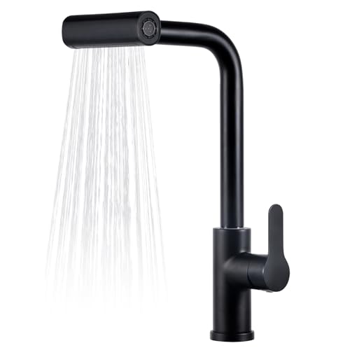OYMOV Kitchen Faucet - 4 Function Waterfall Kitchen Faucet with Pull Down Sprayer, Single Hole, Stainless Steel Pull Out Faucet for Kitchen Sink, Bar, Laundry, Matte Black(Without Supply Hoses)