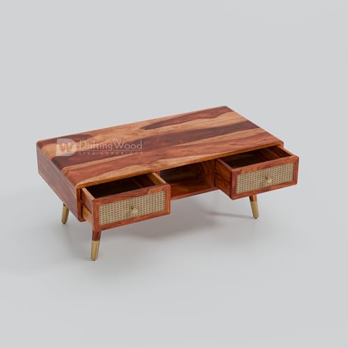Image of DRIFTINGWOOD Amber Solid Sheesham Wood Coffee Table (100x50x43 cm) | Center Table with 2 Rattan Drawers, Open Storage | Honey Finish