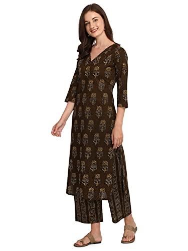 Image of FIORRA Women's Mahendi Green Pure Cotton Kurta with Palazzo Pant