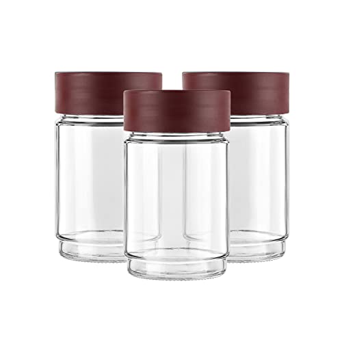 CELLO Modustack Glassy Storage Jar Set of 3 (750 ml x 3), Maroon | Glass Jar with Lid | Stackable | For Grains, Pulses, Spice, Cereals, Cookies, Dry Fruits | Fridge Storage Container