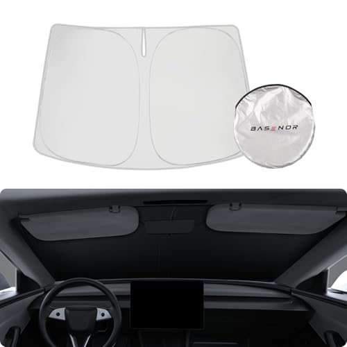 BASENOR 2017-2026 Tesla Model Y Model 3 Windshield Sunshade (Proprietary Design) Folding Front Window Sun Shade Full Cover Heat UV Protection Visor Accessories