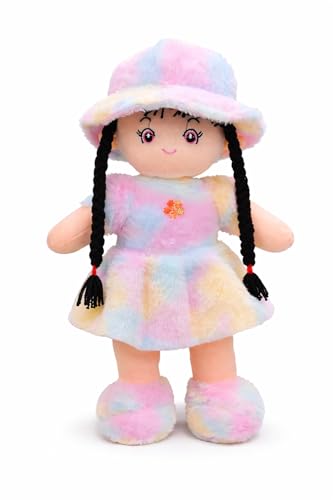 Image of Soft Plush Doll for Kids - Rainbow Pastel Stuffed Toy with Braided Hair & Hat - Cute Fabric Ragdoll for Girls, Toddlers & Babies - Soft Toys for Home Decor, Birthday & Return Gifts (42 cm)