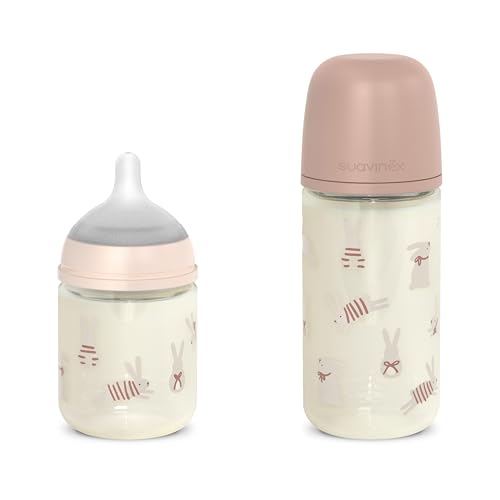 Suavinex, Pack 2 Biberones de Vidrio, Tetina Fisiológica SX Pro de Silicona con Válvula Anticolicos, Biberón 120 ml de Flujo Lento (S) + Biberón 240 ml de Flujo Medio (M), +0 Meses, Wonder Rosa