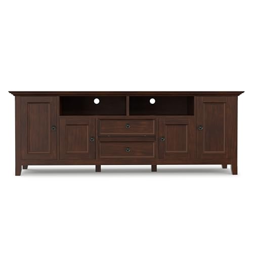 Image of SIMPLIHOME Amherst 72 inch Wide Solid Wood TV Stand in Russet Brown