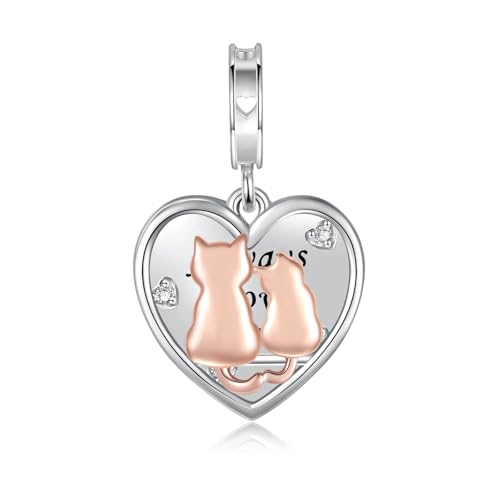 925 Sterling Silver Mother and Kitten Heart Charms Always Love You Cat Mom Bead for Bracelets & Necklaces