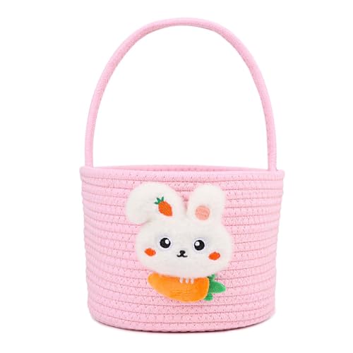 Image of DIYASY Easter Basket for Kids, Woven Bunny Eggs Basket with Handle Gifts Tote Bag Candies Buckets for Boys Girls Toddler Baby Party Decorations Pink