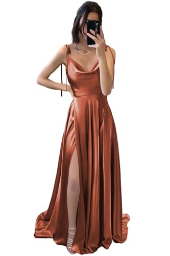 Rjer Satin Bridesmaid Dresses for Women Spaghetti Straps Prom Dresses with Slit A Line Long Formal Evening Gowns