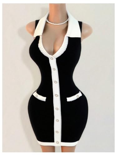 MakeMeChic Women's Sweater Mini Dress V Neck Button Down Knit Sleeveless Short Dresses4