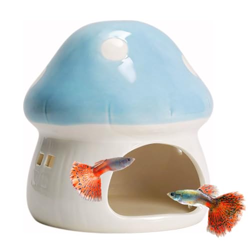 Image of Saim Ceramics Mushroom House Aquarium Decor, Betta Fish Tank Accessories Landscape Decoration, Small Shrimp Goldfishes Habitat Hut Pleco Smalland Breeding Hide Caves Toad House - Blue